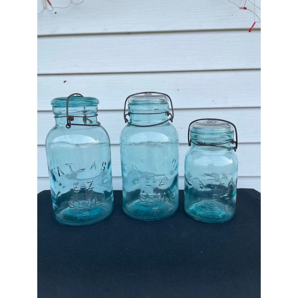 Atlas E-Z Seal Vintage Aqua Blue Glass Mason Jars Wire Bail Set of 3